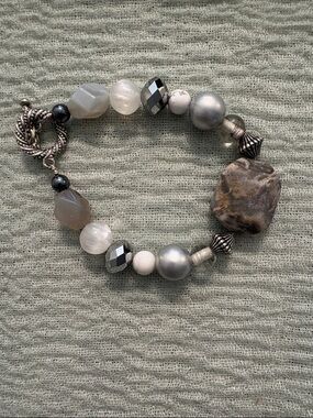 Silver and Gray Beaded Statement Bracelet - Brand Unbranded
